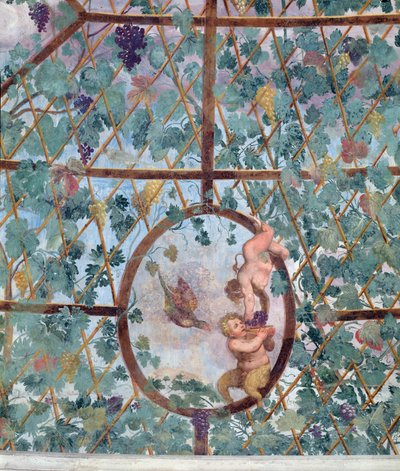 The semicircular ionic portico, detail of the ceiling vault depicting a putto feeding a young satyr grapes, 1551-55 by Pietro Venale